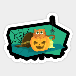 Cat in Fear on Pumpkin Halloween design Sticker